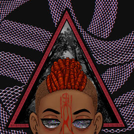 SibilantWhisper The artist seems to peer out at the viewer with static filled eyes, the bottom half of their face cut off from view. Red dreadlocks in a mohawk fashion are pulled back into a bun at the back of their head as rivulets of blood drip down their nose from the